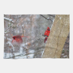 Cardinals in the Snow Tea Towel