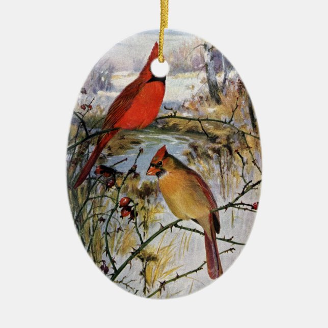 Cardinals in Winter Ceramic Ornament (Front)
