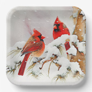 Cardinals in Winter Snow and Evergreen Tree Scene Paper Plate