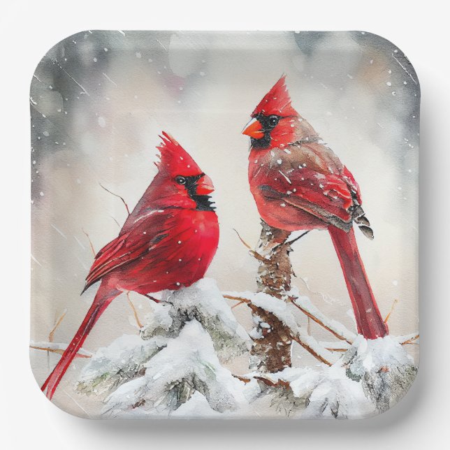 Cardinals in Winter Snow and Evergreen Tree Scene Paper Plate (Front)