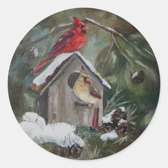 Cardinals On Snowy Birdhouse Classic Round Sticker (Front)