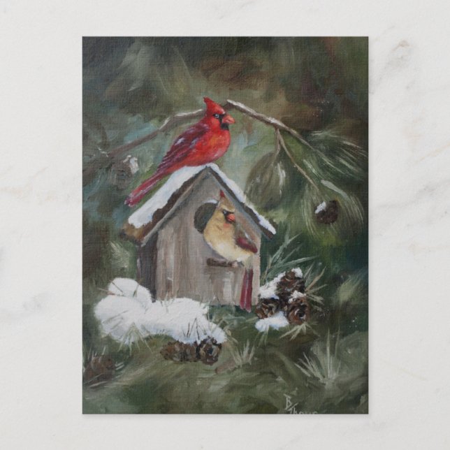 Cardinals On Snowy Birdhouse Postcard (Front)