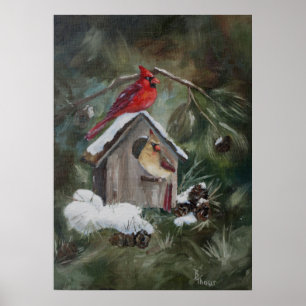 Cardinals on Snowy Birdhouse Poster