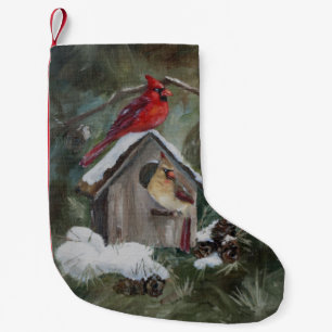 Cardinals on Snowy Birdhouse Small Christmas Stocking