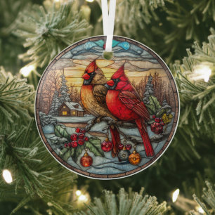 Cardinals on Snowy Branch with Holly Glass Tree Decoration