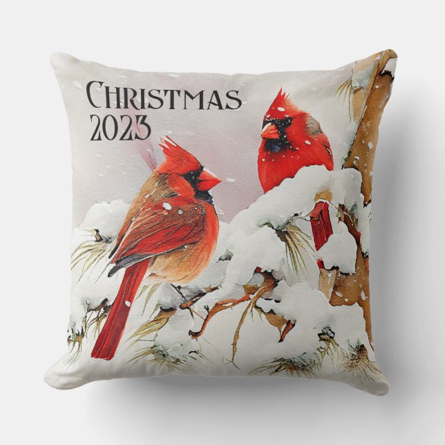 Cardinals on Snowy Tree a Customisable Christmas Cushion (Front)