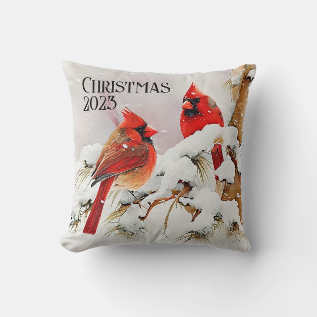 Cardinals on Snowy Tree Branch a Winter Holiday Cushion (Front)