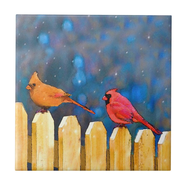 Cardinals on the Fence Painting - Original Art Ceramic Tile (Front)
