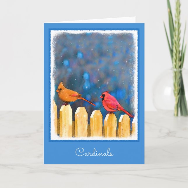 Cardinals on the Fence Painting - Original Art Holiday Card (Front)