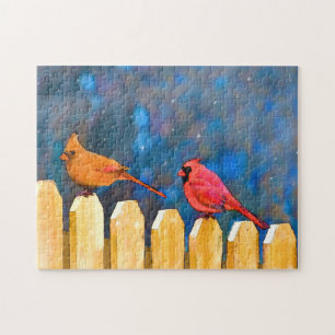 Cardinals on the Fence Painting - Original Art Jigsaw Puzzle