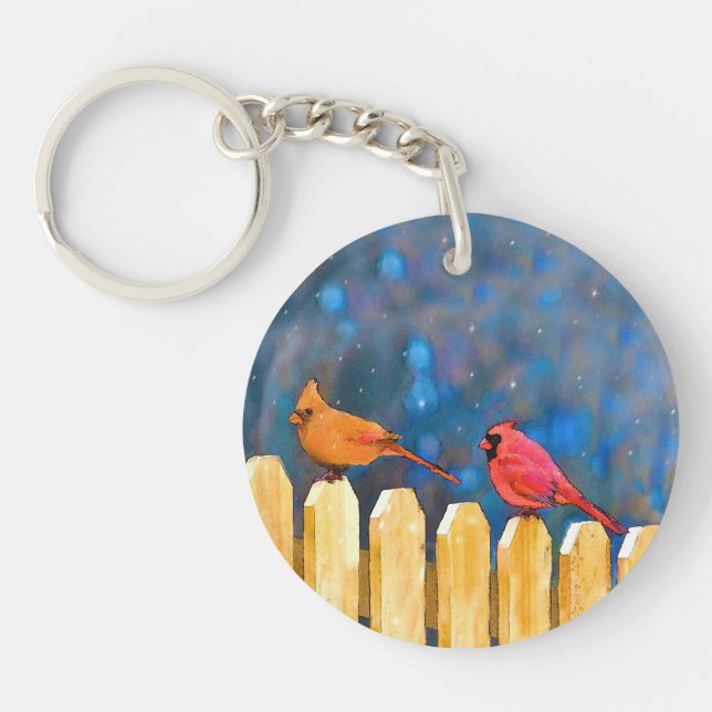 Cardinals on the Fence Painting - Original Art Key Ring (Front)