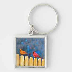 Cardinals on the Fence Painting - Original Art Key Ring
