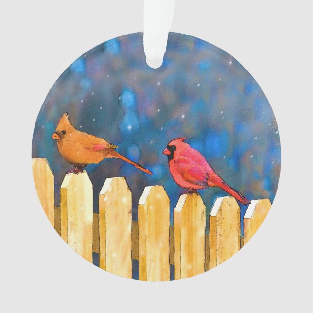 Cardinals on the Fence Painting - Original Art Ornament (Front)