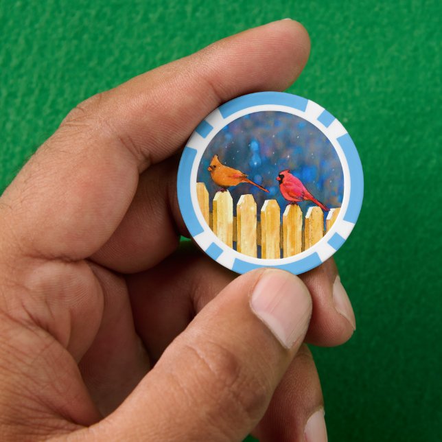 Cardinals on the Fence Painting - Original Art Poker Chips (Hand)