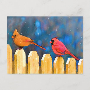 Cardinals on the Fence Painting - Original Art Postcard