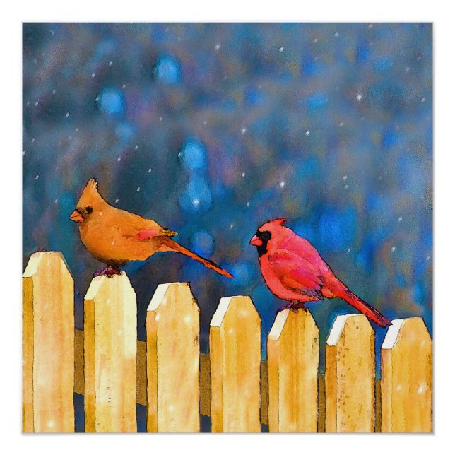 Cardinals on the Fence Painting - Original Art Poster (Front)
