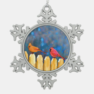 Cardinals on the Fence Painting - Original Art Snowflake Pewter Christmas Ornament