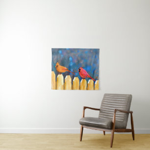 Cardinals on the Fence Painting - Original Art Tapestry