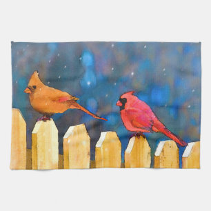 Cardinals on the Fence Painting - Original Art Tea Towel