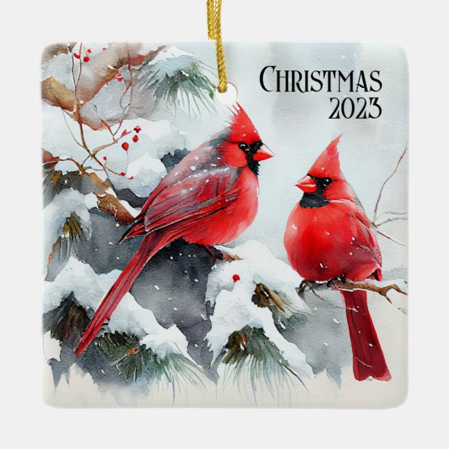 Cardinals on Tree Branch a Customisable Christmas Ceramic Ornament (Front)