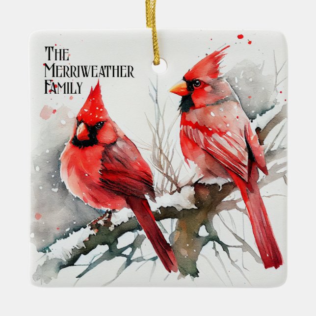 Cardinals on Tree Branch a Customisable Christmas Ceramic Ornament (Front)