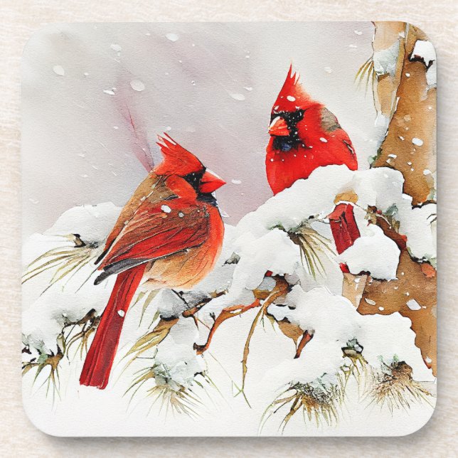 Cardinals on Tree Branch in Christmas Winter Scene Coaster (Front)