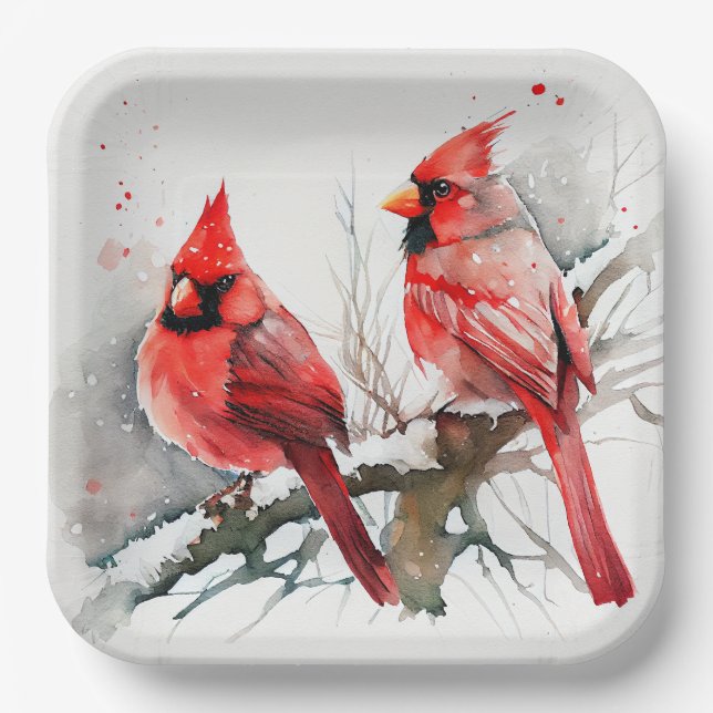 Cardinals on Tree Branch in Christmas Winter Scene Paper Plate (Front)