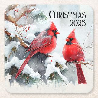 Cardinals on Tree Branch in Christmas Winter Scene Square Paper Coaster