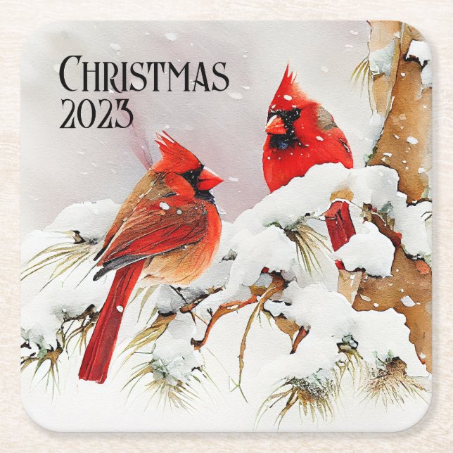 Cardinals on Tree Branch in Christmas Winter Scene Square Paper Coaster (Front)