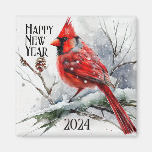 Cardinals on Tree Branch in Winter Scene New Year Magnet