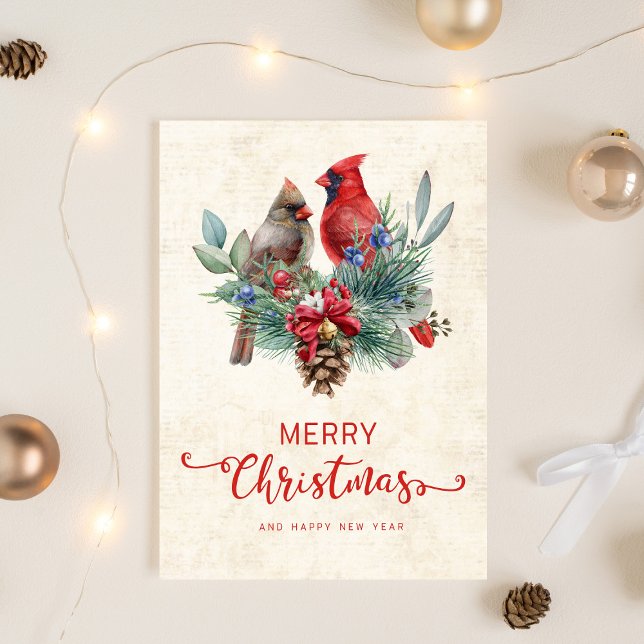 Cardinals Pinecone Jingle Bells Christmas New Year Holiday Card (Creator Uploaded)