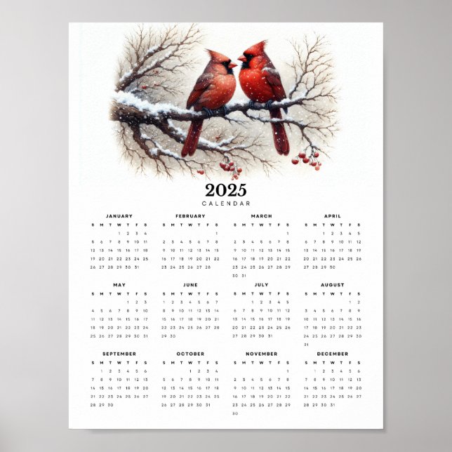 Cardinals Sitting on Snowy Branch 2025 Calendar Poster (Front)