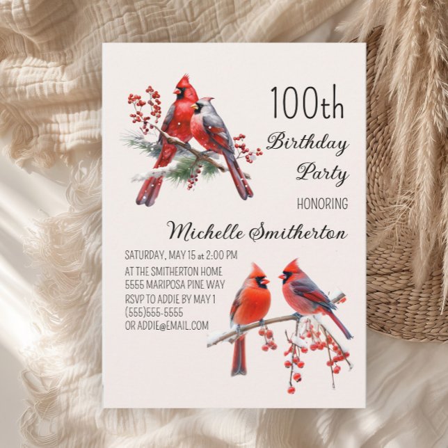 Cardinals Snow Winter Birds 100th Birthday Invitation (Red cardinals women's 100th birthday party invitation)
