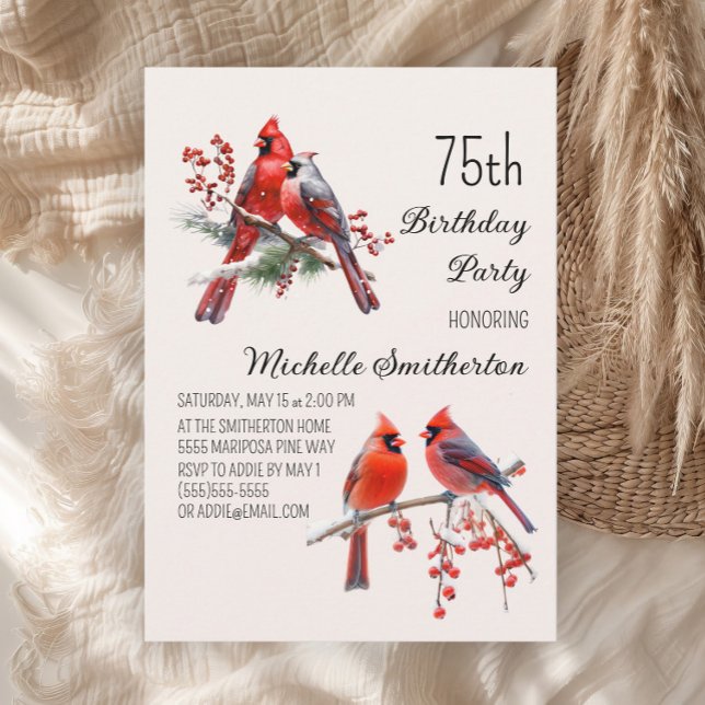 Cardinals Snow Winter Birds Berries 75th Birthday Invitation (Red cardinals 75th birthday party invitation)