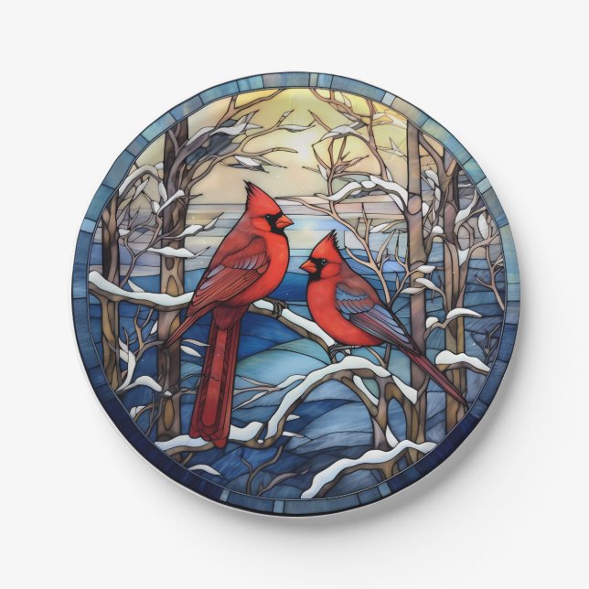 Cardinals Stained Glass Christmas Holiday Plates (Front)