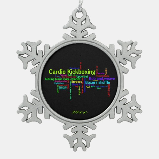 Cardio Kickboxing Word Cloud Snowflake Pewter Christmas Ornament (Front)