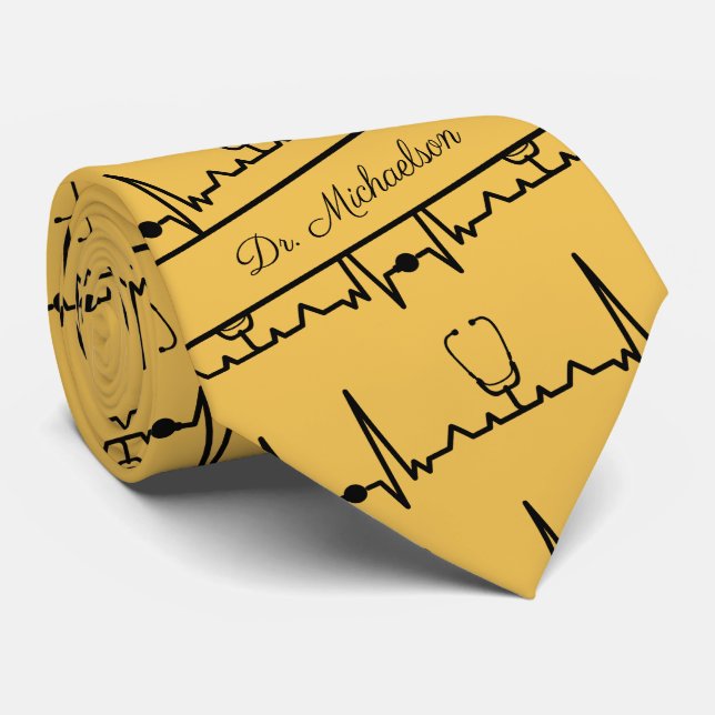 Cardiologist Cardiogram ECG Medical Doctor name Tie (Rolled)