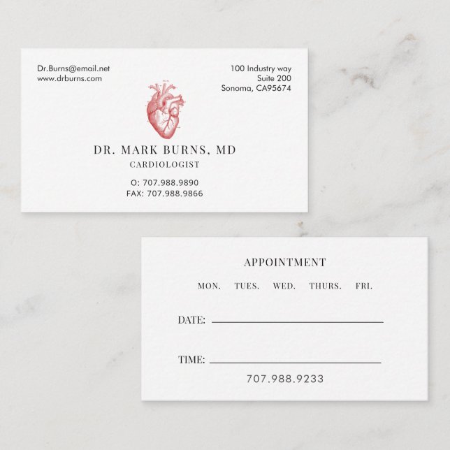Cardiologist Doctor Anatomical Heart Appointment Business Card (Front/Back)