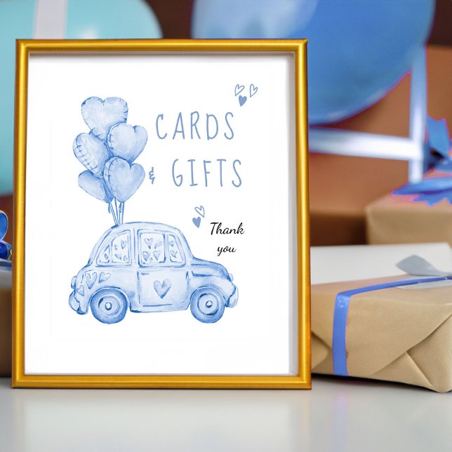 Cards and Gifts Blue Balloons and Car Birthday Poster (Cards and Gifts sign - from my Car and Balloons Valentine Birthday Collection)
