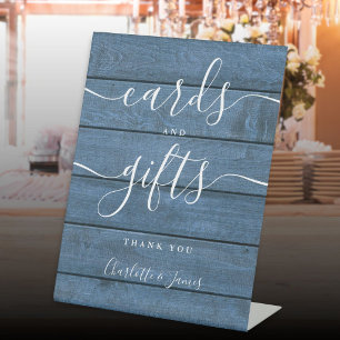 Cards And Gifts Blue Rustic Wood Signature Script Pedestal Sign
