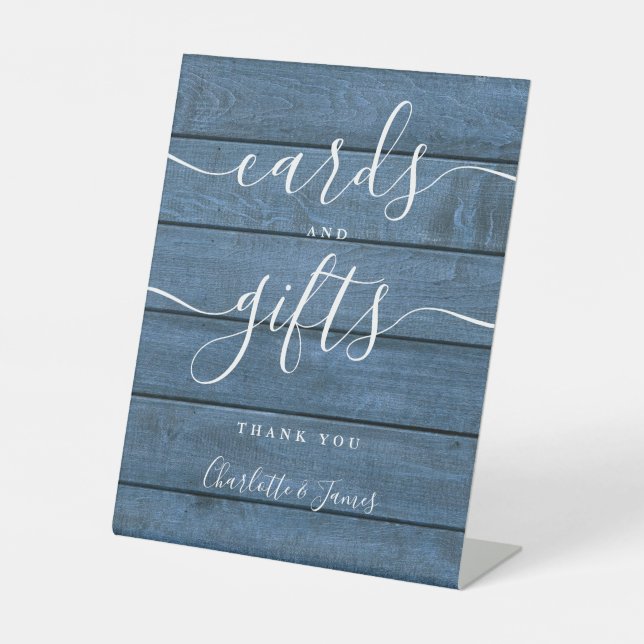 Cards And Gifts Blue Rustic Wood Signature Script Pedestal Sign (Front)
