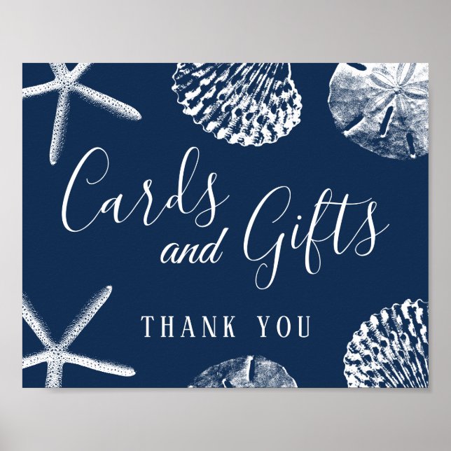 Cards and Gifts Navy Blue Seashells Beach Wedding Poster (Front)