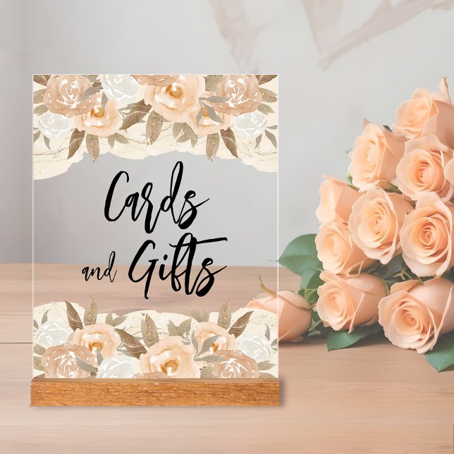 Cards and Gifts Peach Flowers Bridal Shower Acrylic Sign (Cards & Gifts bridal shower clear acrylic sign with rustic peach flowers and leaves  top and bottom)