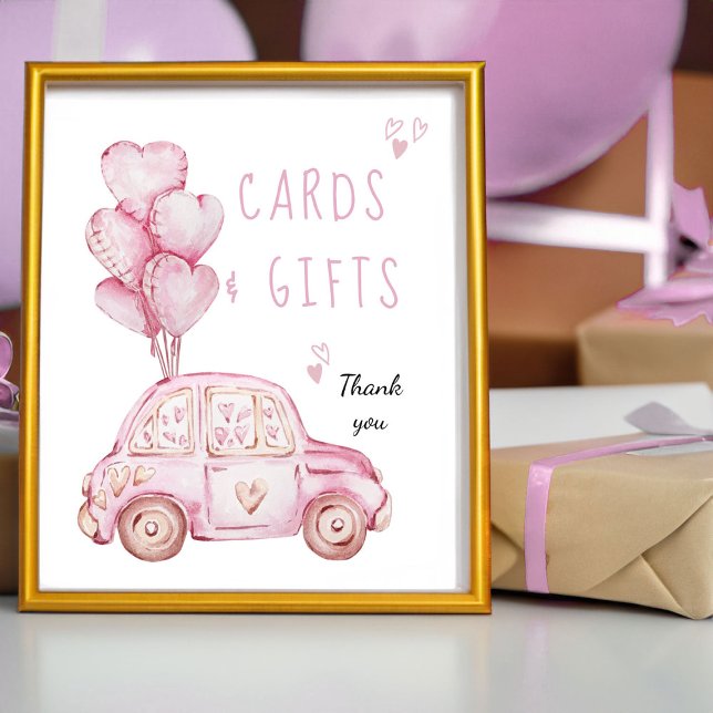 Cards and Gifts Pink Balloons and Car Birthday Poster (Cards and Gifts Sign - from my Car and Balloons Valentine Birthday Collection)