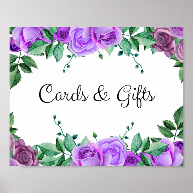 Cards and gifts. Purple roses. Floral wedding sign (Front)