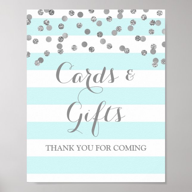 Cards and Gifts Sign Blue Stripes Silver Confetti (Front)
