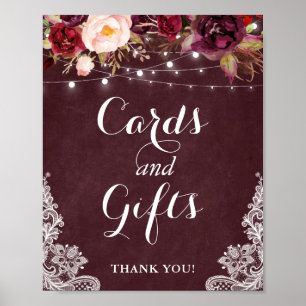 Cards and Gifts Sign   Burgundy Floral Lights Lace