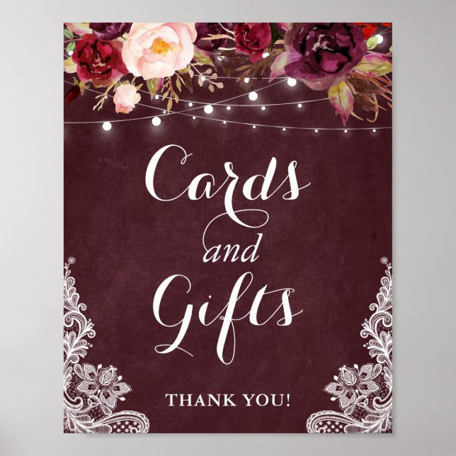 Cards and Gifts Sign | Burgundy Floral Lights Lace (Front)