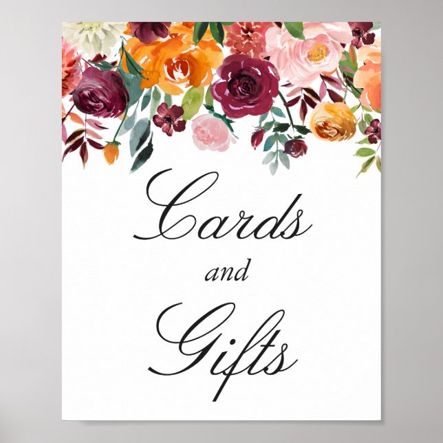 Cards and Gifts Sign | Burgundy Pink Flowers (Front)