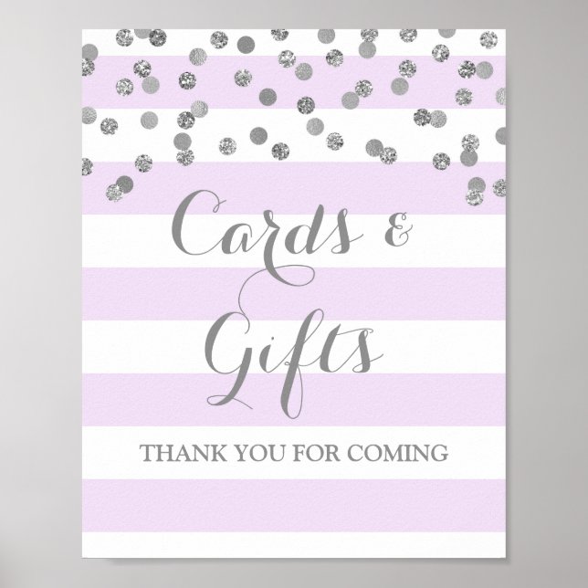 Cards and Gifts Sign Purple Stripe Silver Confetti (Front)
